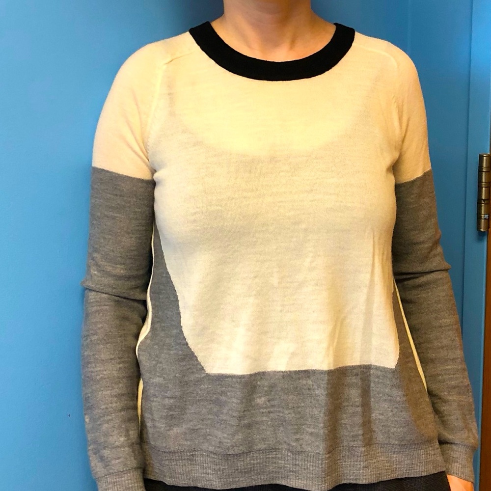 AIKO Sheer 100% Merino Wool Knit Cream Gray Color Block Sweater Leather Trim XS